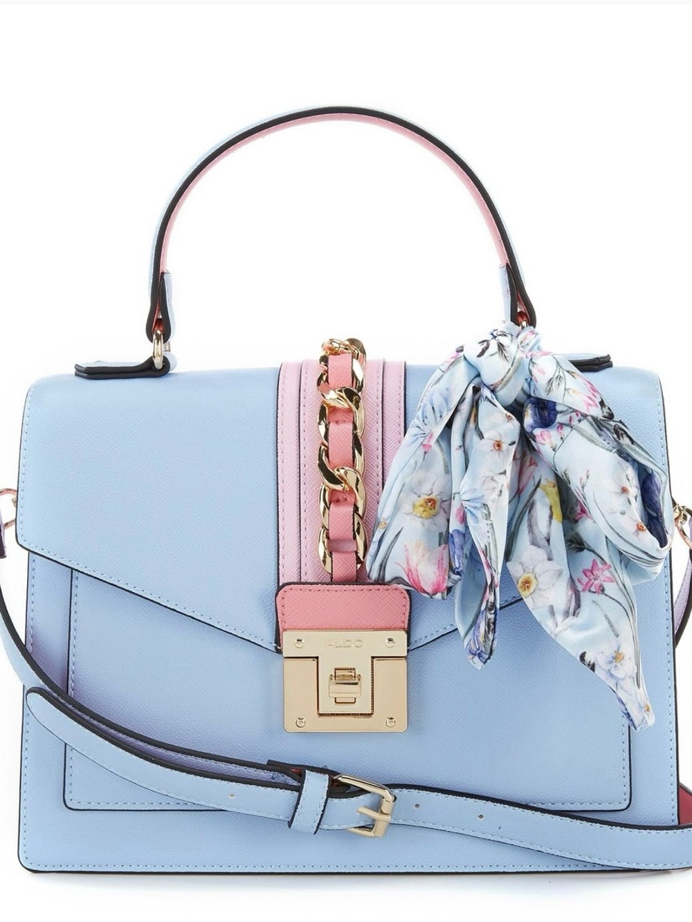 Aldo Baby Blue Crossbody Top-Handle Bag with Scarf and Pink Accent